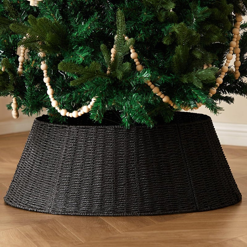 Deerher Rustic Farmhouse Christmas Tree Collar - 28Inch Woven Wicker Tree Base Stand Cover for Artificial Trees - Holiday Decoration Ring Skirt Basket for 6ft 7.5ft 9ft Tree, Natural & Stable(Black) - Image 1